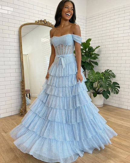 Tulle Off the Shoulder Tiered Strapless Bow A Line Prom Dresses