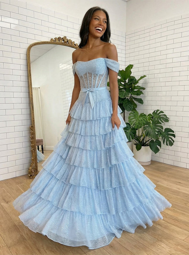 Tulle Off the Shoulder Tiered Strapless Bow A Line Prom Dresses