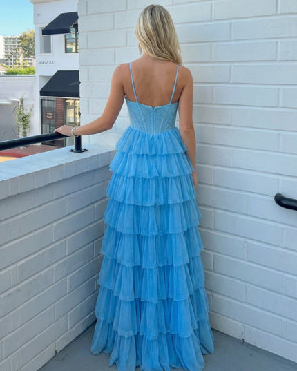 Tulle Spaghetti Straps Tiered V Neck A Line Prom Dresses with Slit