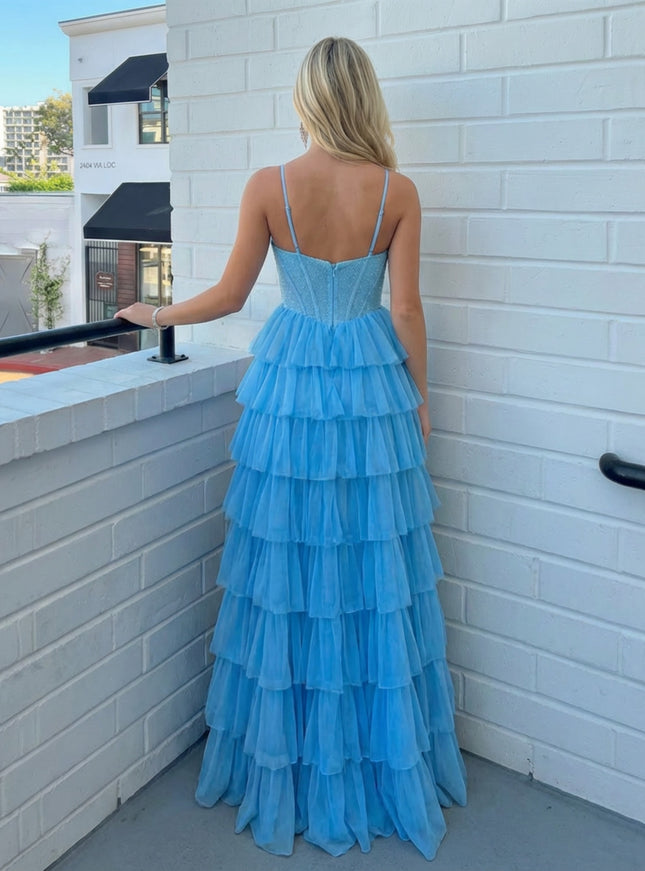 Tulle Spaghetti Straps Tiered V Neck A Line Prom Dresses with Slit
