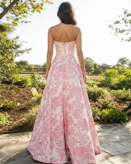 Strapless Tulle Sleeveless Floral Print A Line Prom Dresses