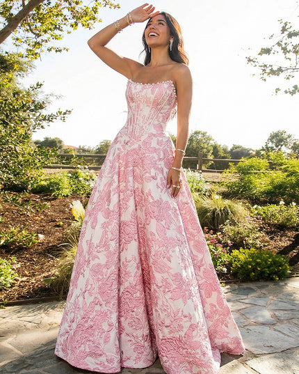 Strapless Tulle Sleeveless Floral Print A Line Prom Dresses