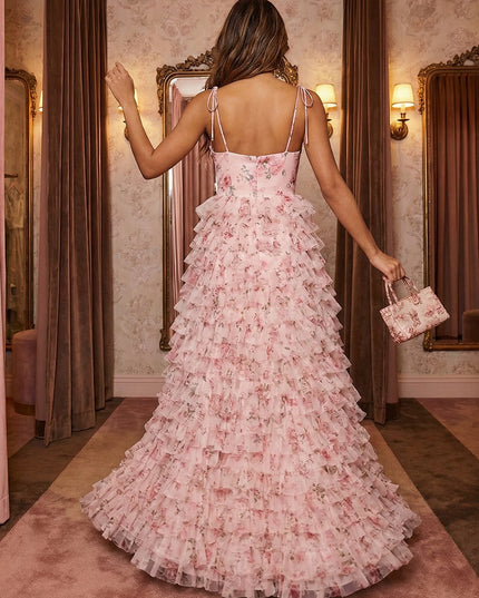 Spaghetti Straps Tulle Cowl Neck Tiered Floral Print A Line Prom Dresses