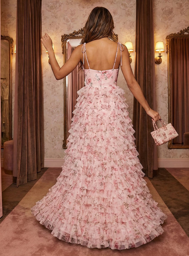 Spaghetti Straps Tulle Cowl Neck Tiered Floral Print A Line Prom Dresses