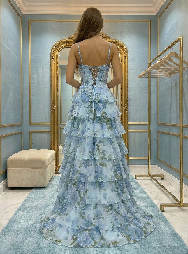 Spaghetti Straps Tulle Cowl Neck Tiered Floral Print A Line Prom Dresses
