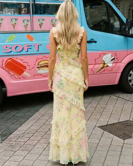 Spaghetti Straps Tulle V Neck Ruffles Floral Print Mermaid Prom Dresses