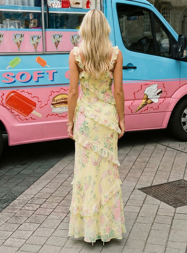 Spaghetti Straps Tulle V Neck Ruffles Floral Print Mermaid Prom Dresses