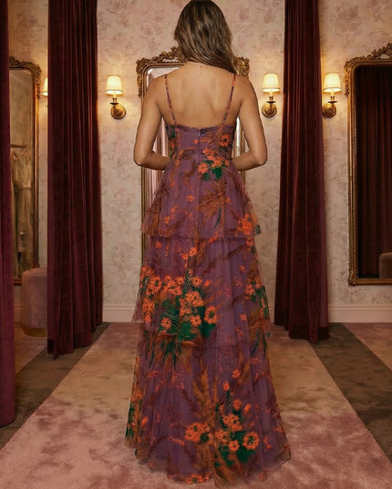 Spaghetti Straps Tulle V Neck Tiered Floral Print A Line Prom Dresses