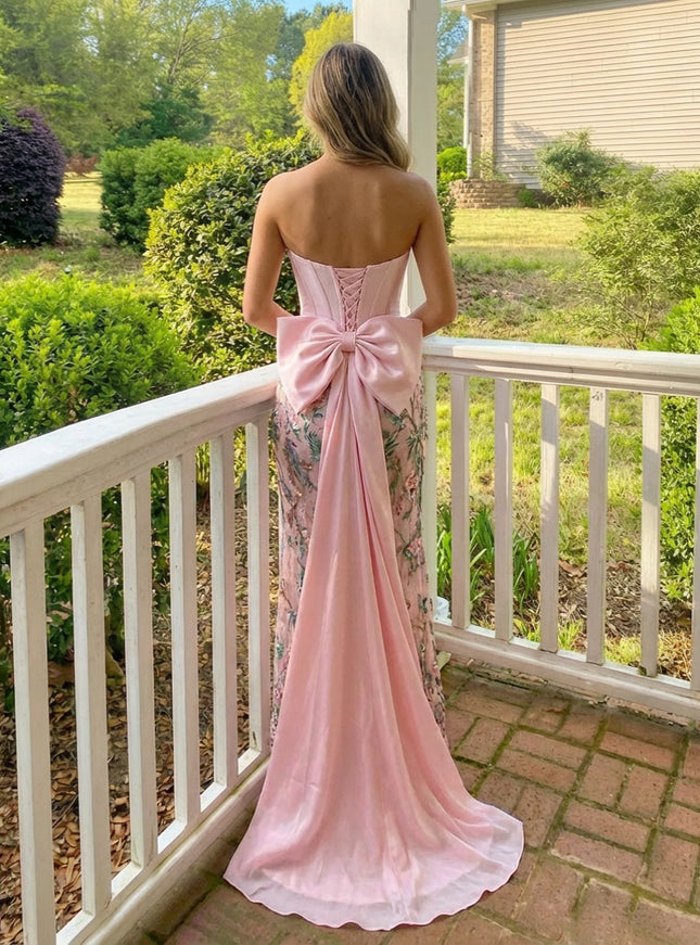 Satin Lace Appliques Drop Waist Mermaid Sparkly Prom Dresses with Slit