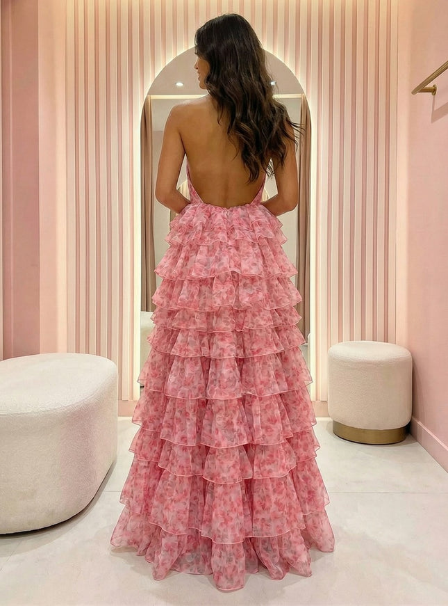 Tulle V Neck Tiered Floral Print A Line Prom Dresses