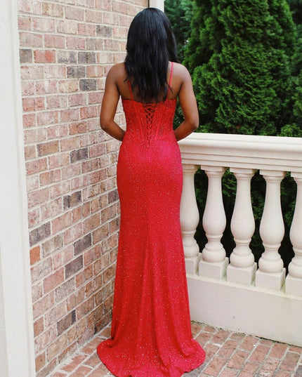 Sequin Spaghetti Straps Pleated Mermaid Sparkly Prom Dresses with Slit