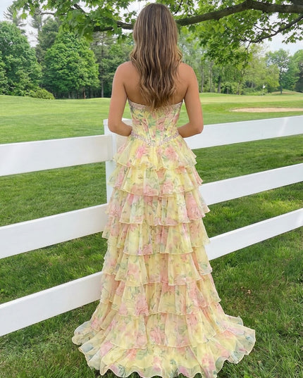 Tulle Tiered Floral Print A Line Corset Prom Dresses with Slit