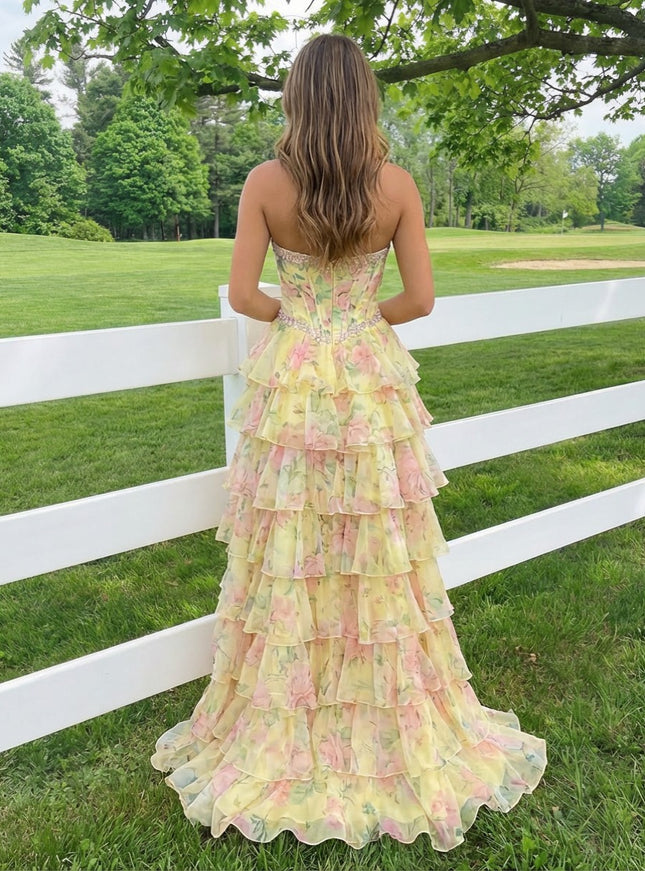 Tulle Tiered Floral Print A Line Corset Prom Dresses with Slit