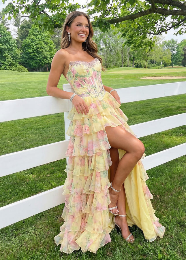 Tulle Tiered Floral Print A Line Corset Prom Dresses with Slit