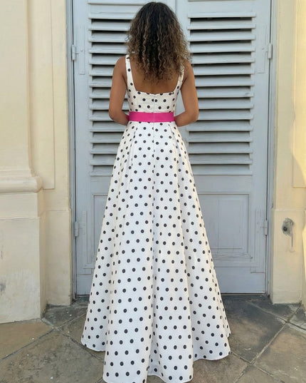 Spaghetti Straps Square Neck Bow A Line Prom Dresses with Slit