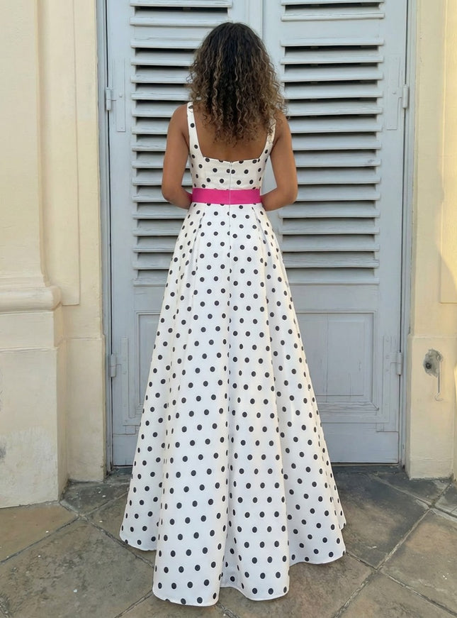 Spaghetti Straps Square Neck Bow A Line Prom Dresses with Slit