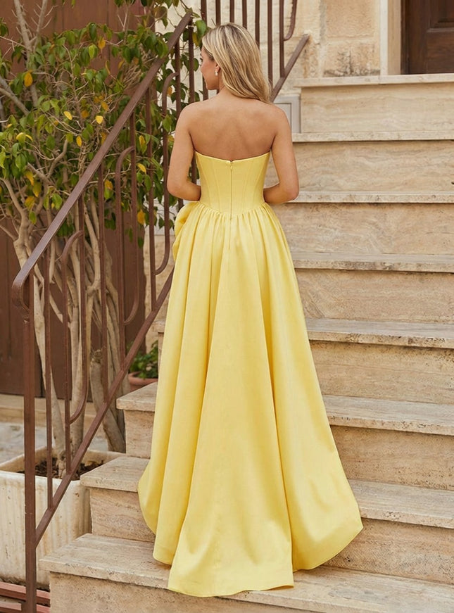 Satin 3D Flowers Pleated A Line Corset Prom Dresses with Slit