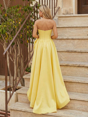 Satin 3D Flowers Pleated A Line Corset Formal Dresses with Slit