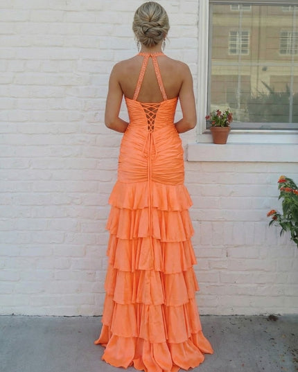 Satin Spaghetti Straps Pleated Mermaid Sparkly Tiered Prom Dresses with Slit