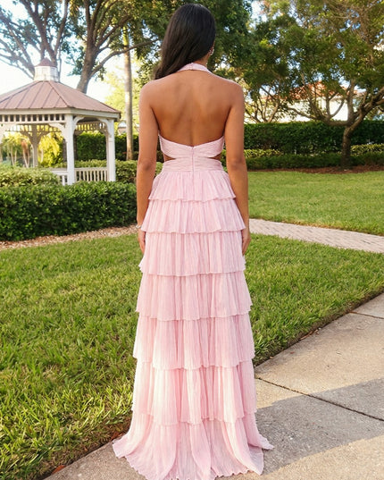 Chiffon Deep V Neck Cut Out Tiered Prom Evening Dresses