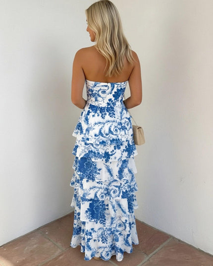 Floral Strapless Sheath Layered Long Prom Dresses Sweetheart