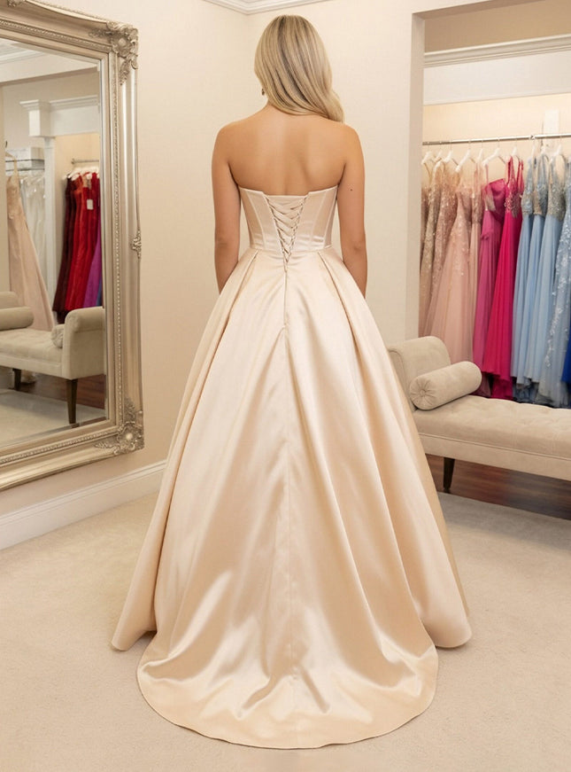 Satin Strapless A-Line Sweetheart Prom Dresses with Sequin Party Dresses