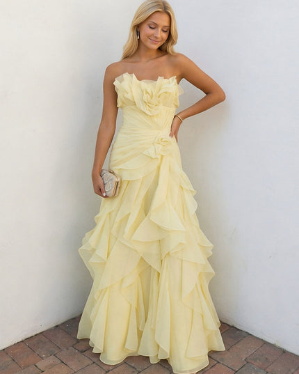 Chiffon Strapless A-Line Ruffles Pleats Prom Dresses with 3D Flower