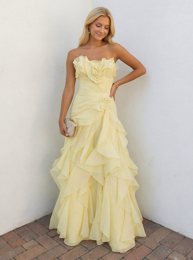 Chiffon Strapless A-Line Ruffles Pleats Prom Dresses with 3D Flower