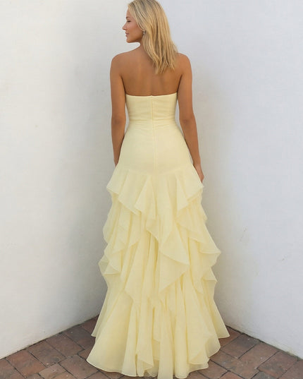 Chiffon Strapless A-Line Ruffles Pleats Prom Dresses with 3D Flower