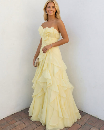 Chiffon Strapless A-Line Ruffles Pleats Prom Dresses with 3D Flower