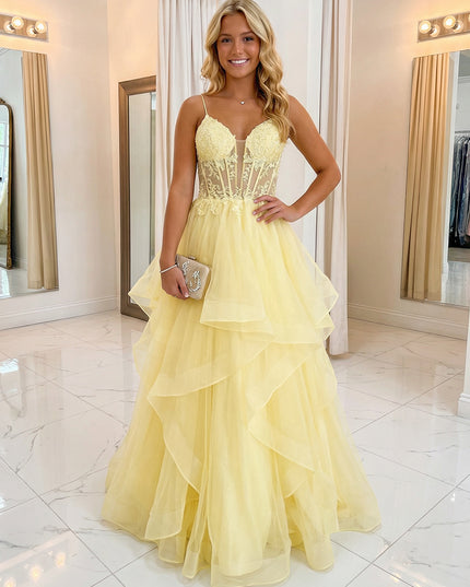 Lace Appliques Spaghetti Straps V Neck A-Line Prom Dresses with Ruffles