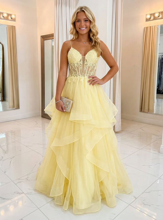 Lace Appliques Spaghetti Straps V Neck A-Line Prom Dresses with Ruffles