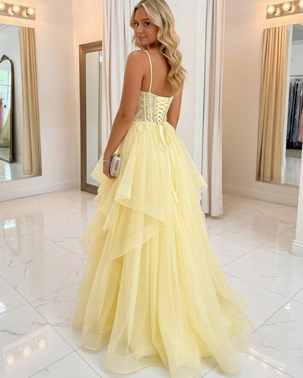 Lace Appliques Spaghetti Straps V Neck A-Line Prom Dresses with Ruffles