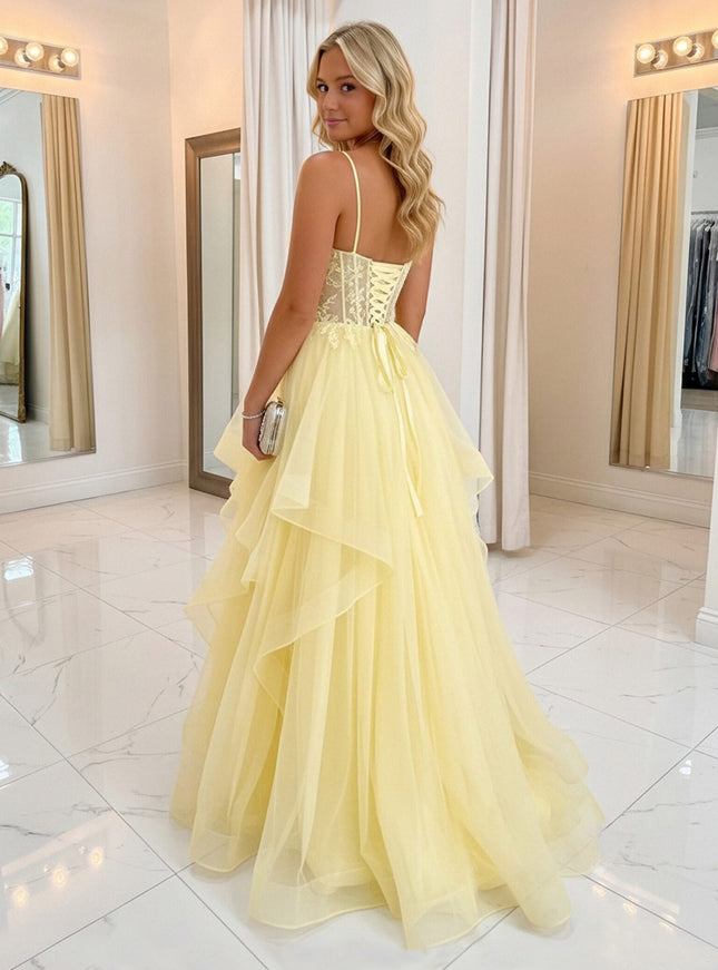 Lace Appliques Spaghetti Straps V Neck A-Line Prom Dresses with Ruffles