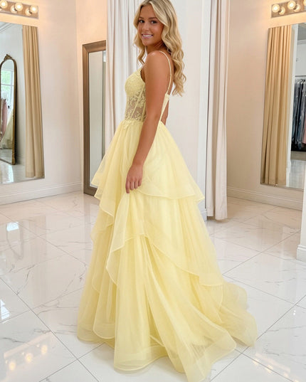 Lace Appliques Spaghetti Straps V Neck A-Line Prom Dresses with Ruffles