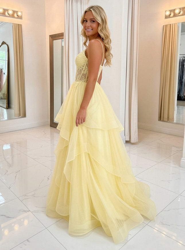 Lace Appliques Spaghetti Straps V Neck A-Line Prom Dresses with Ruffles