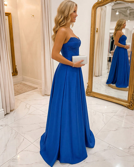 A Line Strapless Sweetheart Sequin Prom Dresses with Pleats