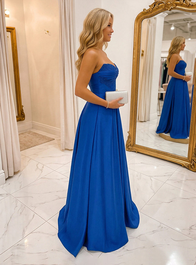 A Line Strapless Sweetheart Sequin Prom Dresses with Pleats