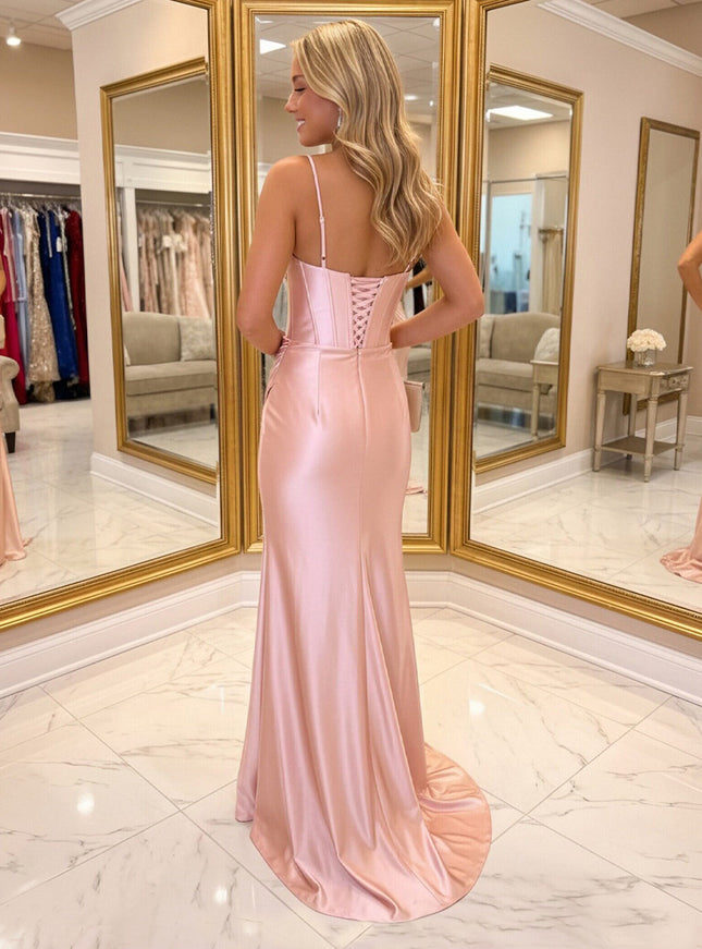Spaghetti Straps Mermaid Sweetheart Prom Dresses with Slit
