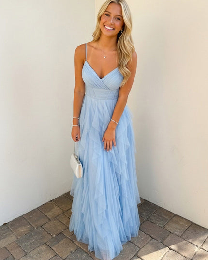 Spaghetti Straps Lace V Neck A-Line Ruffles Prom Dresses Pleats Party Gown