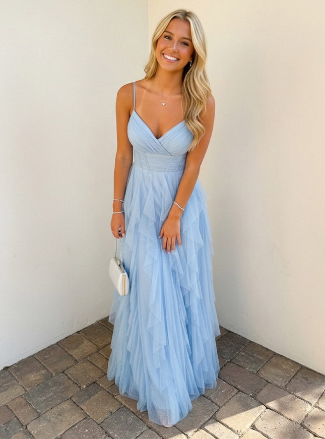 Spaghetti Straps Lace V Neck A-Line Ruffles Prom Dresses Pleats Party Gown
