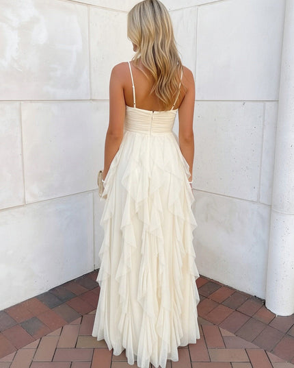 Spaghetti Straps Lace Sweetheart A-Line Ruffles Prom Dresses with Cut Out