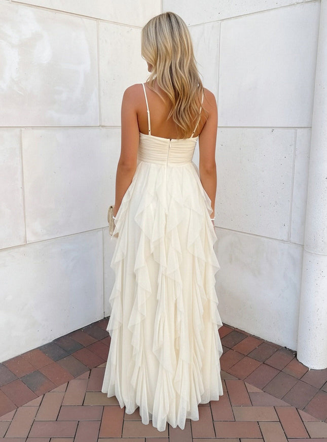 Spaghetti Straps Lace Sweetheart A-Line Ruffles Prom Dresses with Cut Out