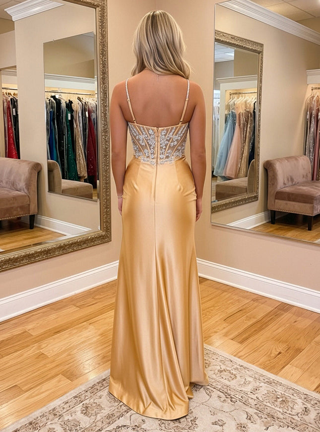 Spaghetti Straps Sequin Sweetheart Mermaid Prom Dresses with Slit