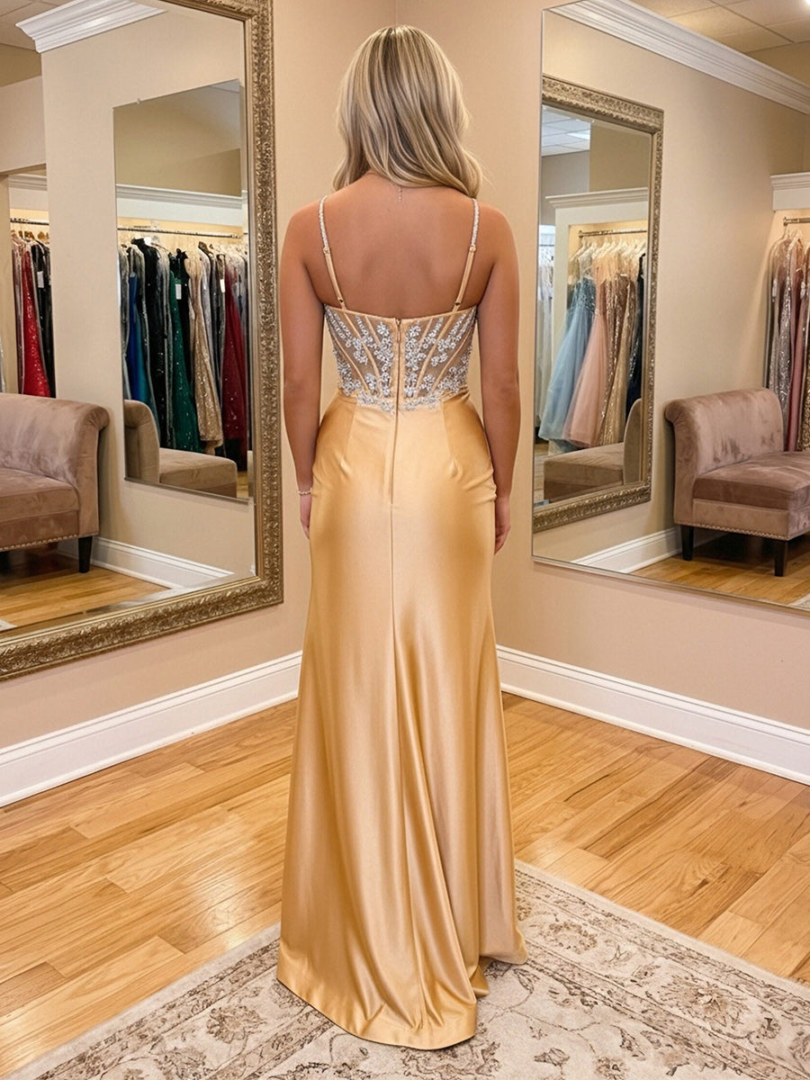 Spaghetti Straps Sequin Sweetheart Mermaid Prom Dresses with Slit