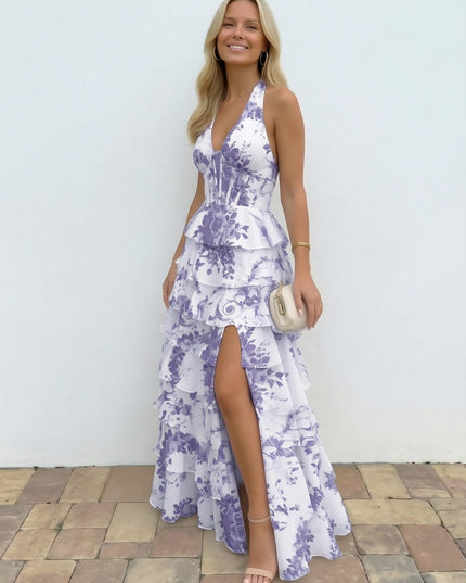 Halter Floral Deep V Neck A-Line Prom Dresses with Layered
