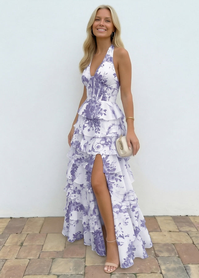 Halter Floral Deep V Neck A-Line Prom Dresses with Layered