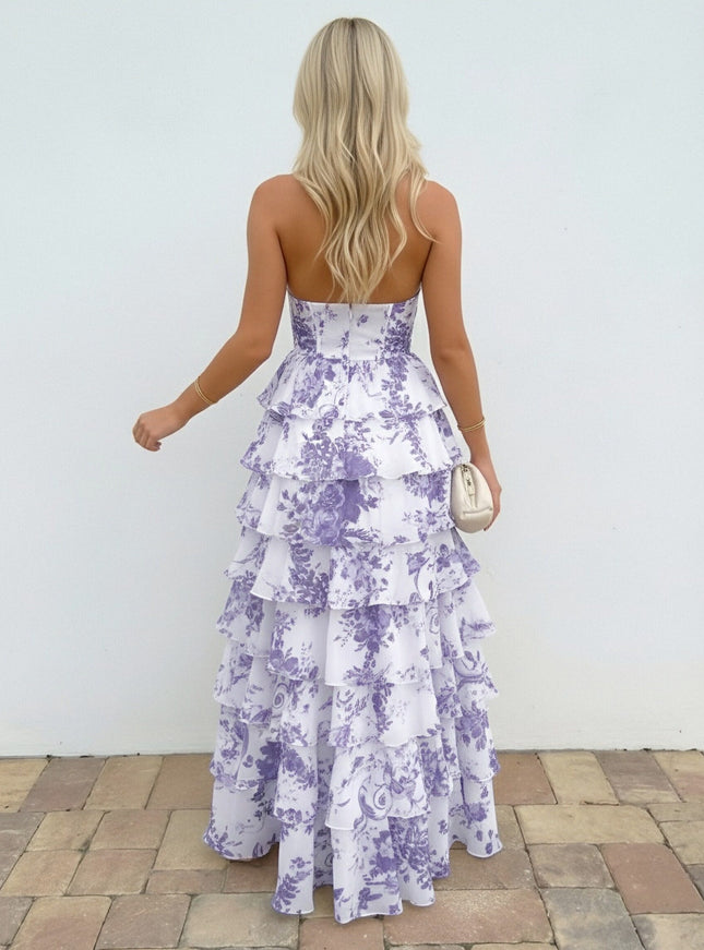 Halter Floral Deep V Neck A-Line Prom Dresses with Layered