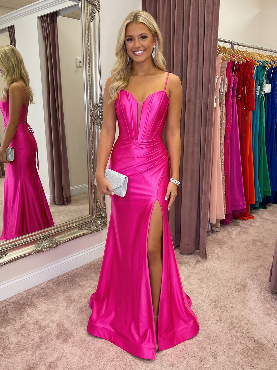 Spaghetti Straps Satin V Neck Mermaid Ruched Prom Dresses with Slit