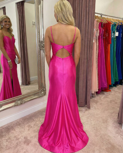 Spaghetti Straps Satin V Neck Mermaid Ruched Prom Dresses with Slit